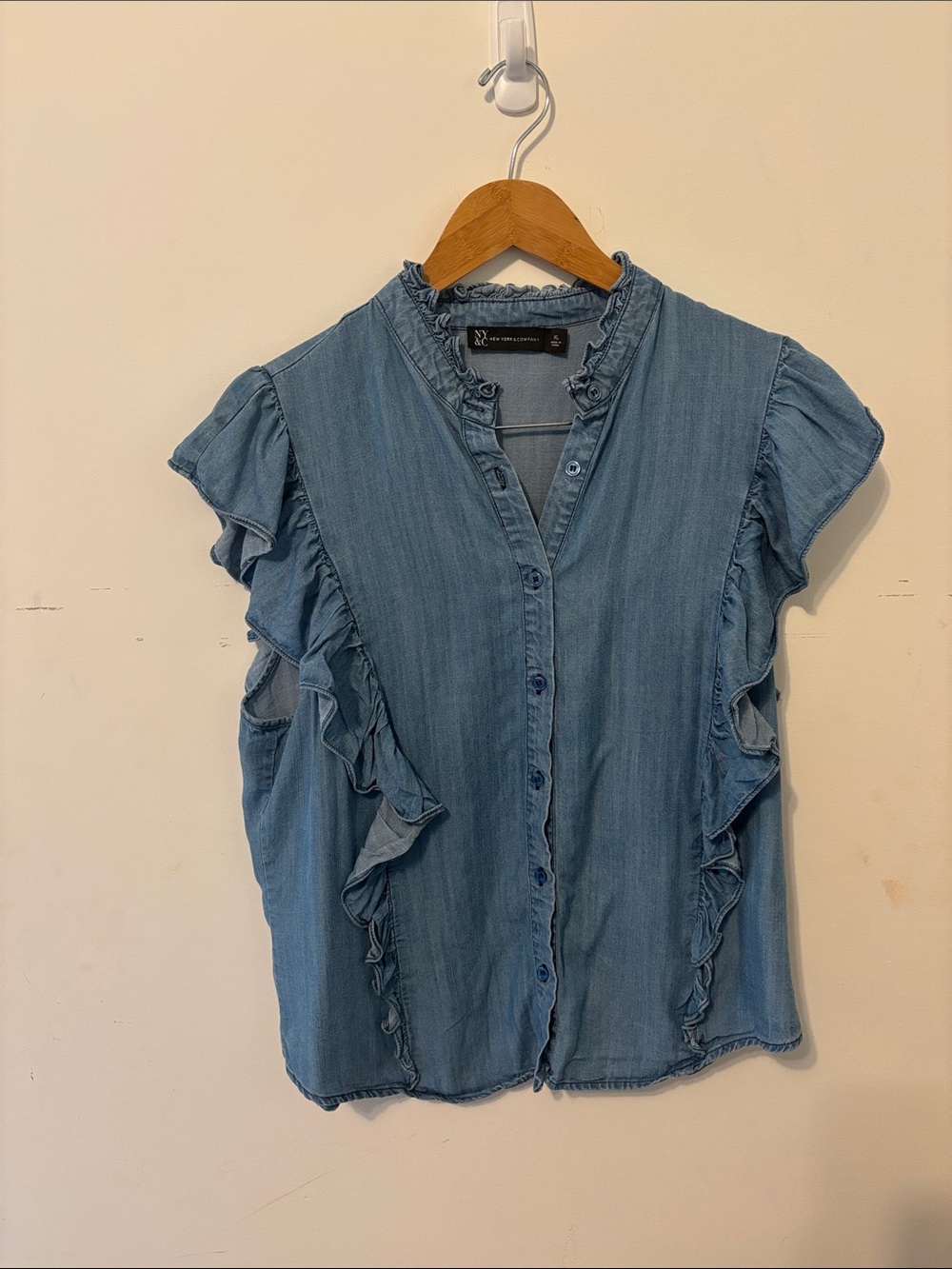 Chambray Ruffle-Sleeve Button-Up Top